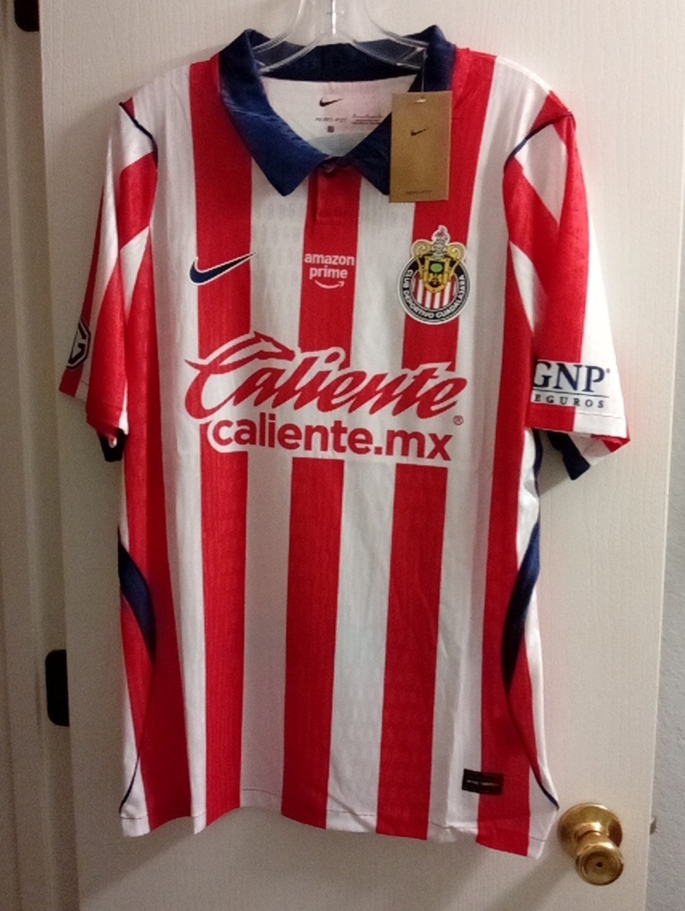 Nike Men's Red & White Striped Soccer Jersey with Navy Collar